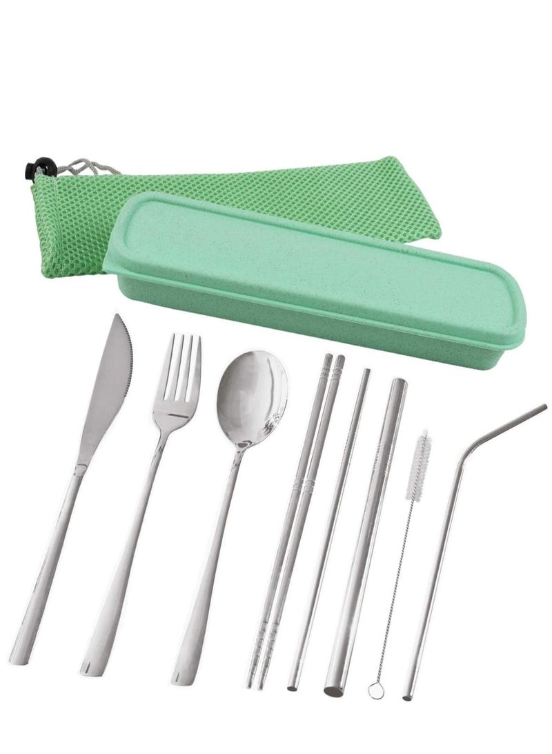 SYOSI Portable Travel Utensils, Reusable Cutlery Camping Utensil Set with Case Including Stainless Steel Knife Fork Spoon Chopsticks Cleaning Brush Straws 8pcs - Image 1