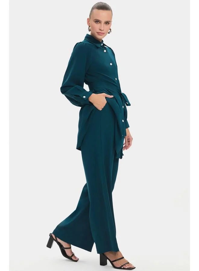 JUNE June Women Balloon Sleeve Shirt Trousers Set Teal