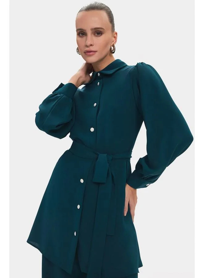 JUNE June Women Balloon Sleeve Shirt Trousers Set Teal