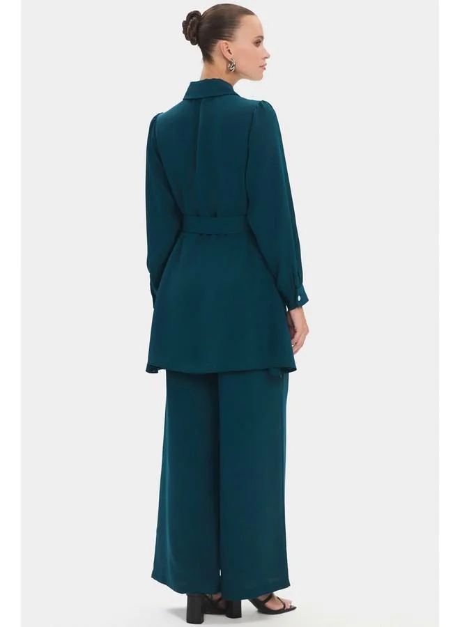JUNE June Women Balloon Sleeve Shirt Trousers Set Teal