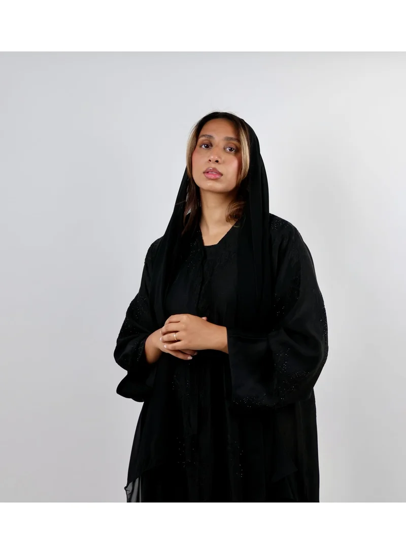 JAMEELA  Textured Black Open Front Abaya with Tonal Embroidery and Delicate Shimmer for Women | Best Price UAE