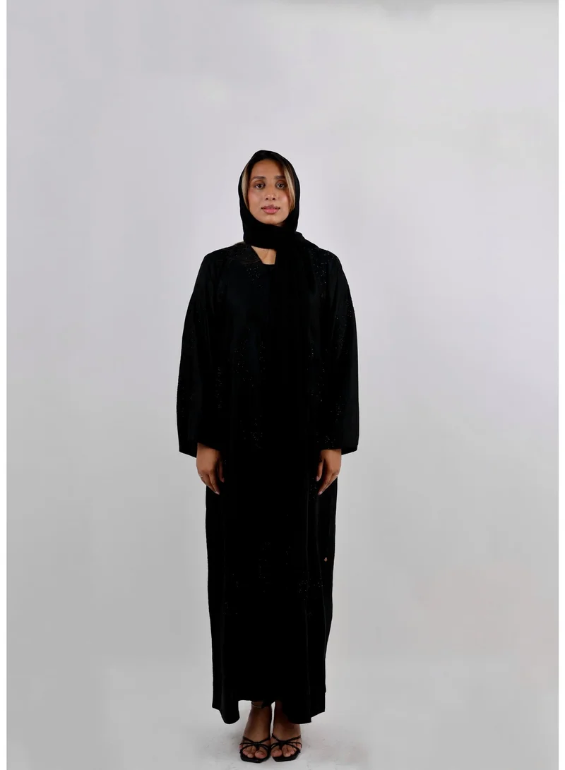 JAMEELA  Textured Black Open Front Abaya with Tonal Embroidery and Delicate Shimmer for Women | Best Price UAE