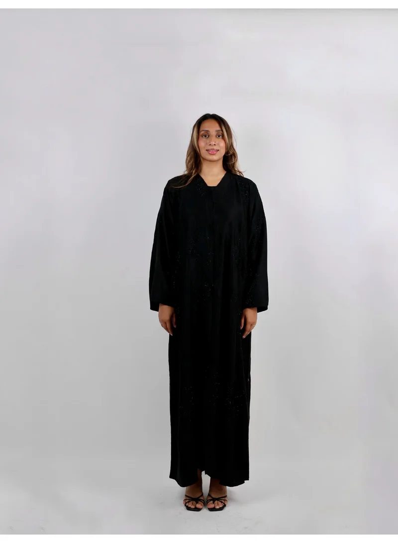 JAMEELA  Textured Black Open Front Abaya with Tonal Embroidery and Delicate Shimmer for Women | Best Price UAE