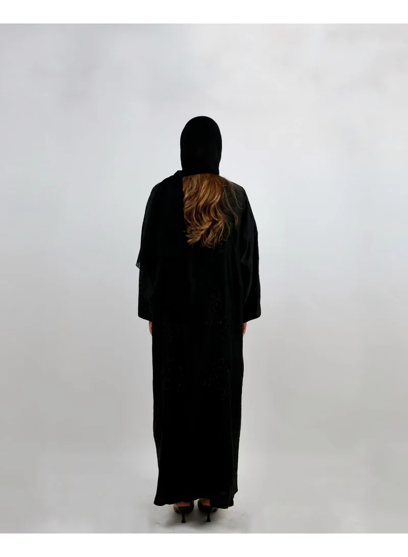 JAMEELA  Textured Black Open Front Abaya with Tonal Embroidery and Delicate Shimmer for Women | Best Price UAE