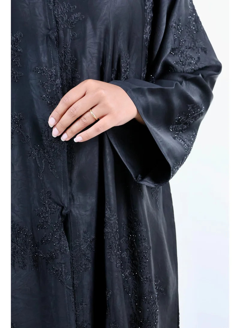 JAMEELA  Textured Black Open Front Abaya with Tonal Embroidery and Delicate Shimmer for Women | Best Price UAE