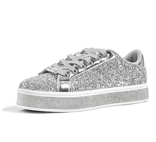 LUCKY STEP Women's Platform Glitter Sneakers | Sparkly Bling Shiny Dressy Bedazzled Wedding Bridal Fashion Walking Shoes (Silver,9 B(M) US) - Image 1