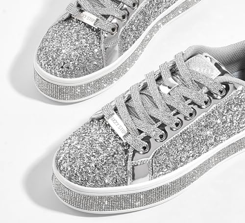 LUCKY STEP Women's Platform Glitter Sneakers | Sparkly Bling Shiny Dressy Bedazzled Wedding Bridal Fashion Walking Shoes (Silver,9 B(M) US) - Image 5