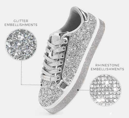 LUCKY STEP Women's Platform Glitter Sneakers | Sparkly Bling Shiny Dressy Bedazzled Wedding Bridal Fashion Walking Shoes (Silver,9 B(M) US) - Image 2