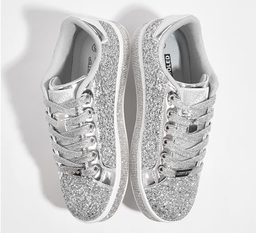 LUCKY STEP Women's Platform Glitter Sneakers | Sparkly Bling Shiny Dressy Bedazzled Wedding Bridal Fashion Walking Shoes (Silver,9 B(M) US) - Image 3