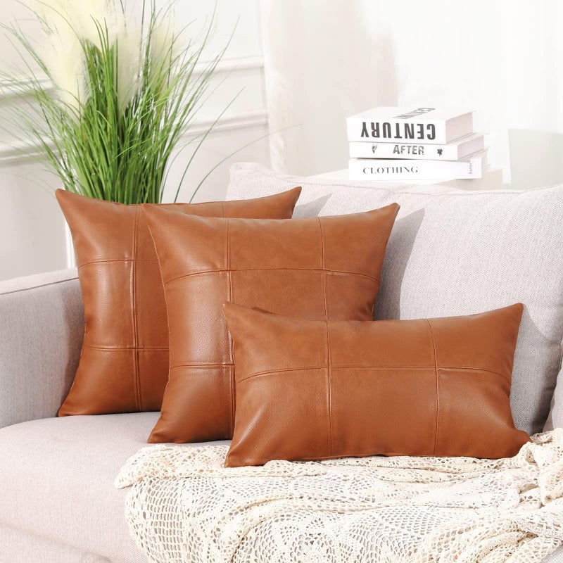 MANDIOO Set of 2 Classic Plaid Faux Leather Decorative Throw Pillow Covers,Hand Stitched Modern Luxury Vegan Outdoor Cushion Cases Pillowcases for Couch Sofa Bed Farmhouse 18x18 Inches Brown - Image 3