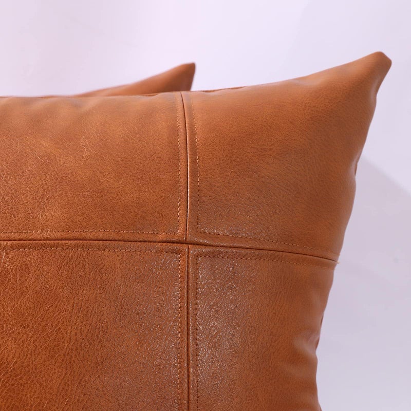 MANDIOO Set of 2 Classic Plaid Faux Leather Decorative Throw Pillow Covers,Hand Stitched Modern Luxury Vegan Outdoor Cushion Cases Pillowcases for Couch Sofa Bed Farmhouse 18x18 Inches Brown - Image 2