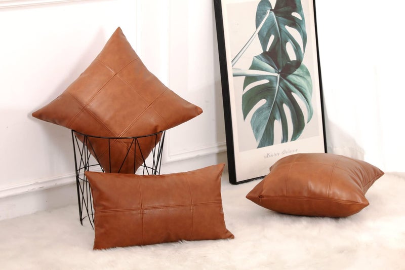 MANDIOO Set of 2 Classic Plaid Faux Leather Decorative Throw Pillow Covers,Hand Stitched Modern Luxury Vegan Outdoor Cushion Cases Pillowcases for Couch Sofa Bed Farmhouse 18x18 Inches Brown - Image 5