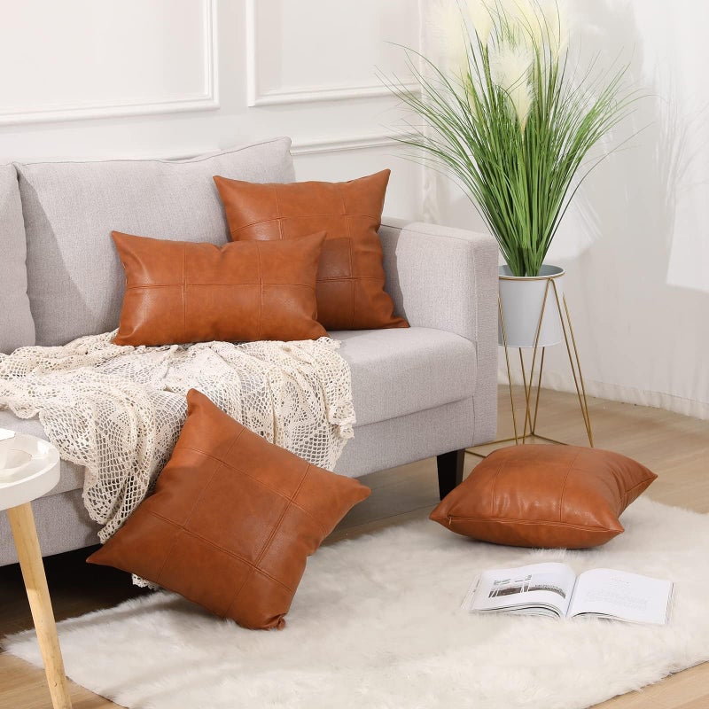 MANDIOO Set of 2 Classic Plaid Faux Leather Decorative Throw Pillow Covers,Hand Stitched Modern Luxury Vegan Outdoor Cushion Cases Pillowcases for Couch Sofa Bed Farmhouse 18x18 Inches Brown - Image 4