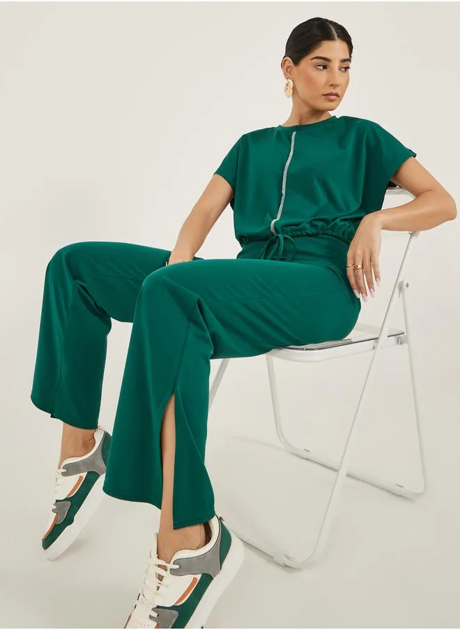 Styli Solid Crop Top and Wide Leg Pants Co-Ords