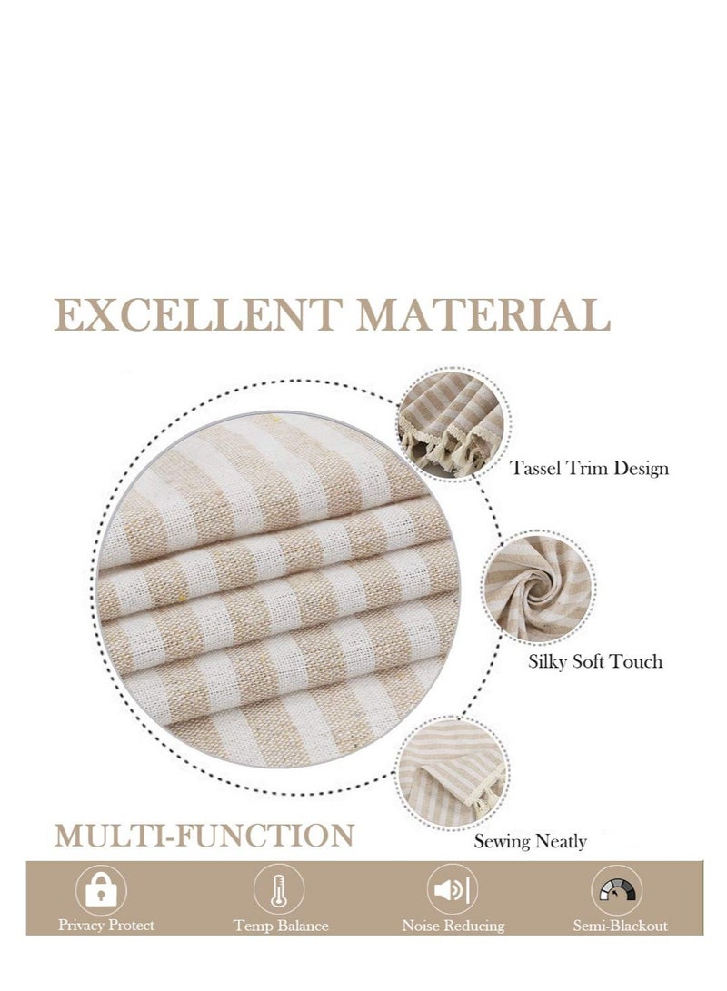 Excefore Boho Semi-Blackout Window Curtains, Striped Semi-Blackout Window Curtains, Farmhouse Style Cotton Linen Tassels Darkening Curtains, for Living Room, Bedroom (150W x 200H cm, Beige) - Image 4