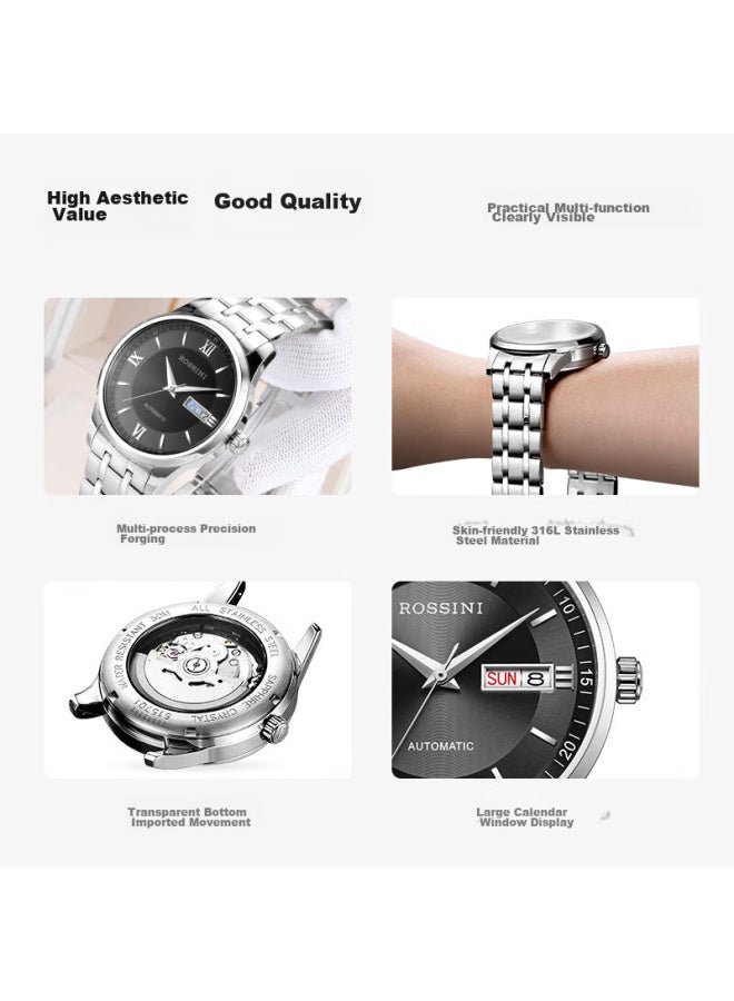 Rossini Men's Watch, Mechanical Watch, Business Men's Watch, Simple Men's Watch, Waterproof, Black, 515701 - Image 2
