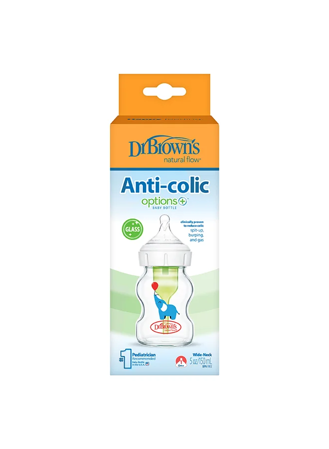 دكتور براونز 5 oz/150 mL Glass W-N Anti-Colic Options+ Baby Bottle, Elephant, 1-Pack