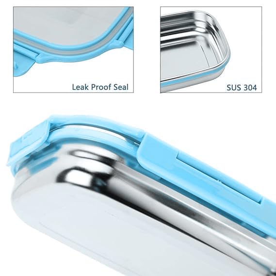 Classic Steels Satinless Steel Rectangle Lunch Box 650 ml + 140 ml Leak Proof Air Tight Lunch Box Blue - Image 3