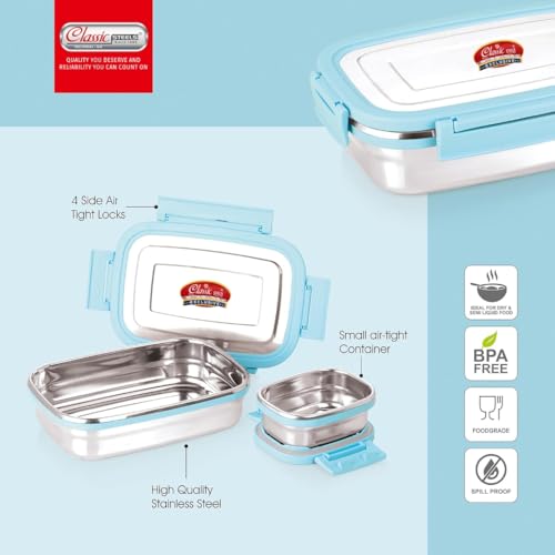 Classic Steels Satinless Steel Rectangle Lunch Box 650 ml + 140 ml Leak Proof Air Tight Lunch Box Blue - Image 4