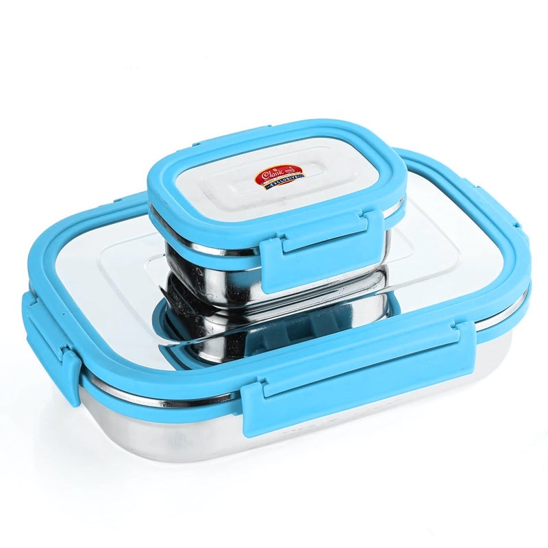 Classic Steels Satinless Steel Rectangle Lunch Box 650 ml + 140 ml Leak Proof Air Tight Lunch Box Blue - Image 5