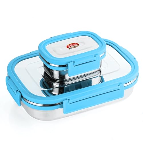 Classic Steels Satinless Steel Rectangle Lunch Box 650 ml + 140 ml Leak Proof Air Tight Lunch Box Blue - Image 1