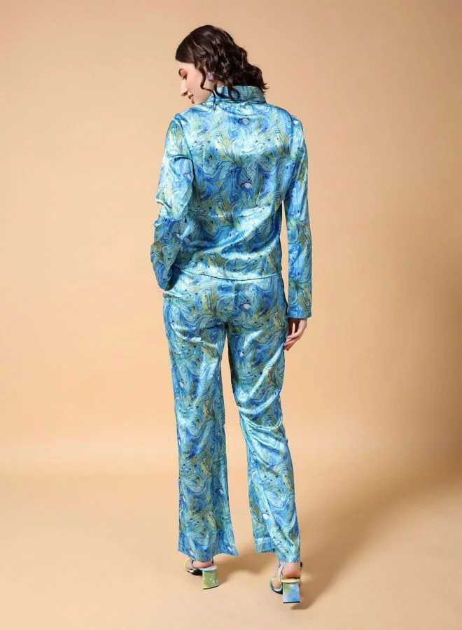 Freehand  Women Regular Fit Marble Long Sleeve Mid Rise Shirt and Pant Co-Ords Set  | Best Price UAE