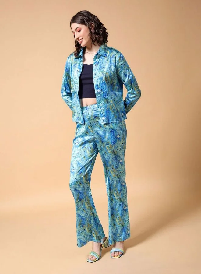 Freehand  Women Regular Fit Marble Long Sleeve Mid Rise Shirt and Pant Co-Ords Set  | Best Price UAE