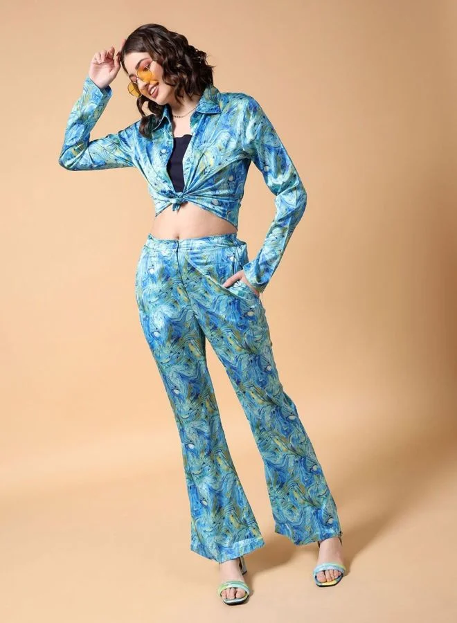 Women Regular Fit Marble Long Sleeve Mid Rise Shirt and Pant Co-Ords Set