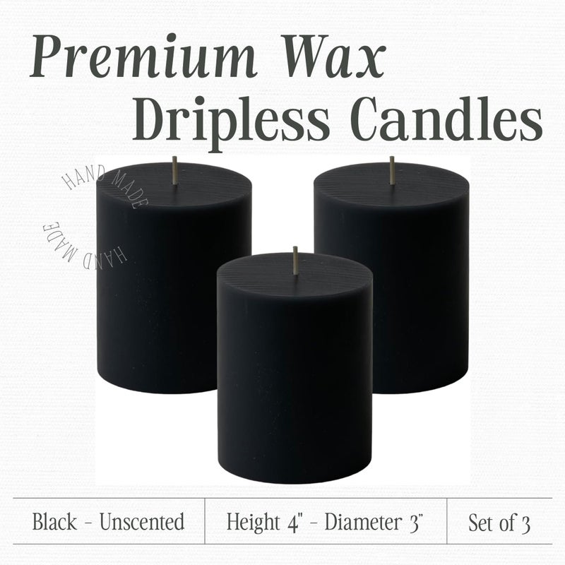 Mister Candle Dripless Unscented Pillar Candles, Set of 3 Hand Poured Solid Color Non-Scented Candles for Home Decor, Premium Wax, 60 Hr Burn Time - 3x4 Inch, Black - Image 2