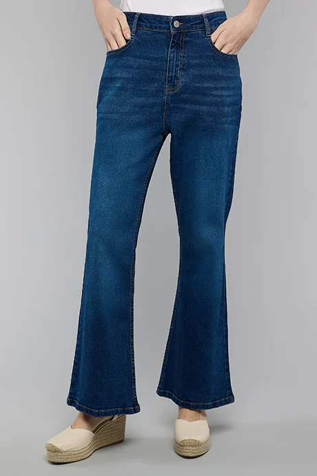 R&B Washed Flared Jeans with Button Closure