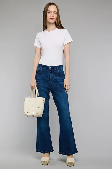 R&B Washed Flared Jeans with Button Closure