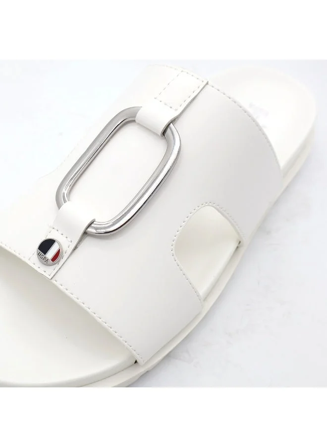 U.S. Polo Assn. WHITE US Polo Men’s White Slide Sandals – Casual Slip‑On Slides with Metal Accent for Home & Outdoors for Men | Best Price UAE