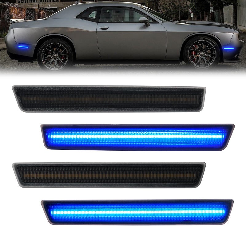 R&F Auto LED Side Marker Lights Compatible with Challenger 2015-2023 Blue Front Rear Fender Side Marker Lamps 4PCS Smoked Lens Sidemarker light Replace OEM#: 68195788AB, 68195789AB,68195796AB,68195797AB - Image 1