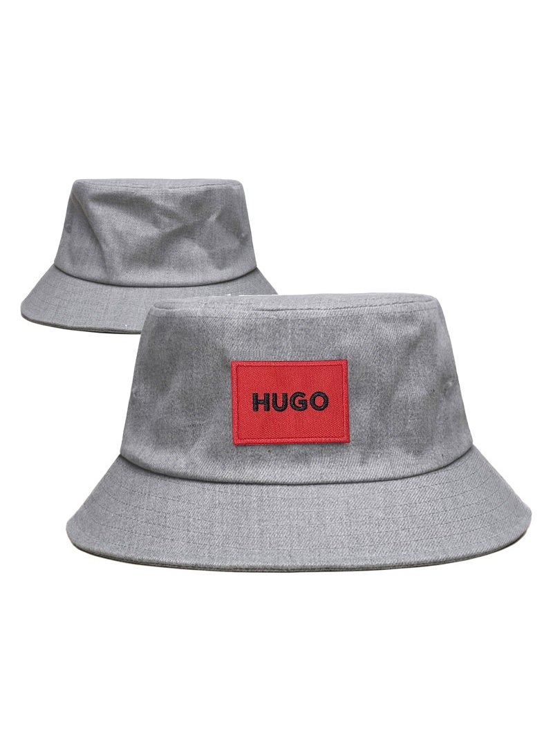 HUGO Grey Bucket Hat with Red Logo Patch