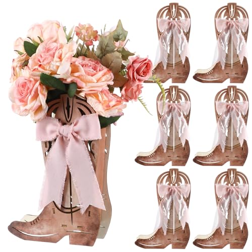 Amyhill 6 Pcs Western Cowgirl Boots Flower Boxes Centerpiece Boot Shape Wood Boxes Decor Western Theme Party Cowgirl Favors Tabletop for Cowboy Birthday Party Baby Shower Wedding Supplies Pink - Image 1