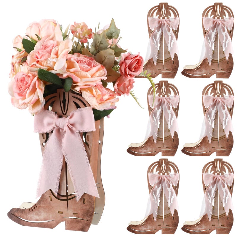 Amyhill 6 Pcs Western Cowgirl Boots Flower Boxes Centerpiece Boot Shape Wood Boxes Decor Western Theme Party Cowgirl Favors Tabletop for Cowboy Birthday Party Baby Shower Wedding Supplies Pink - Image 3