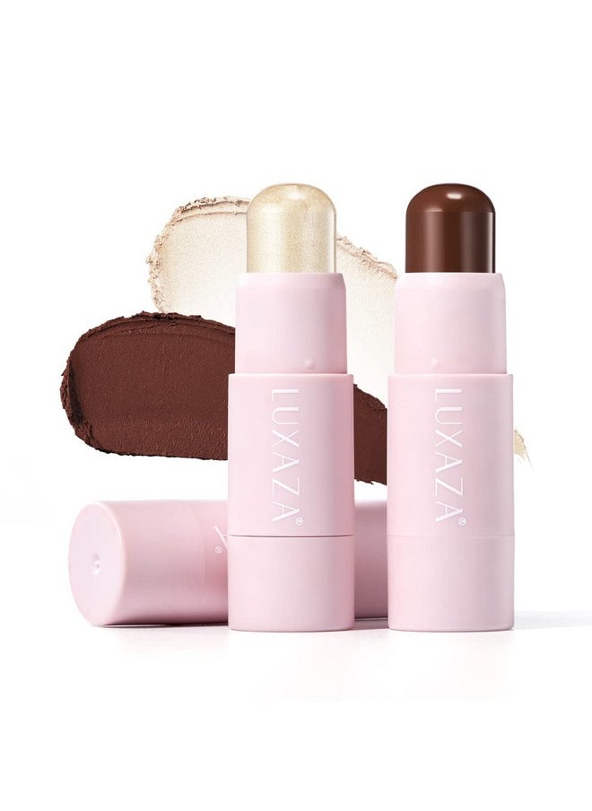 LUXAZA 2Pcs Cream Contour Highlighter Stick Face Make Up Kit Creme Bronzer Shaping Trimming Stick For Girls And Women Brightens & Shades Highlight (Pearl) 01 + Contour (Matte) 01  - Image 1
