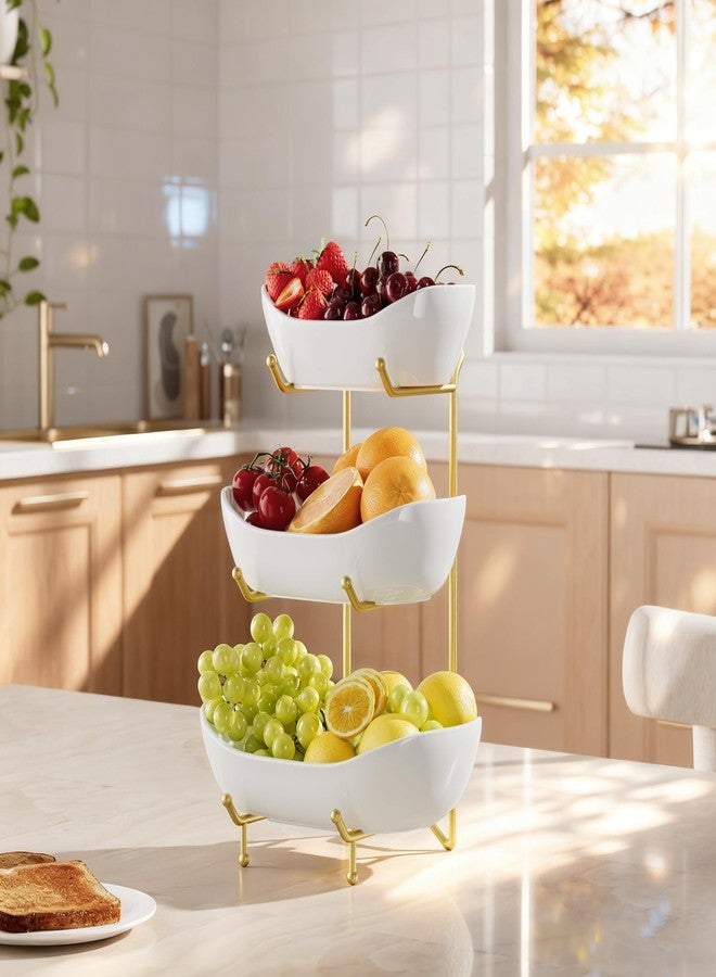 Josmimic 3 Tier Ceramic Fruit Bowl for Kitchen Counter – Fruit Basket with Gold Metal Stand, Fruit Holder for Snacks, Nuts, Cakes, Desserts, Bread, Candy Storage - Image 4