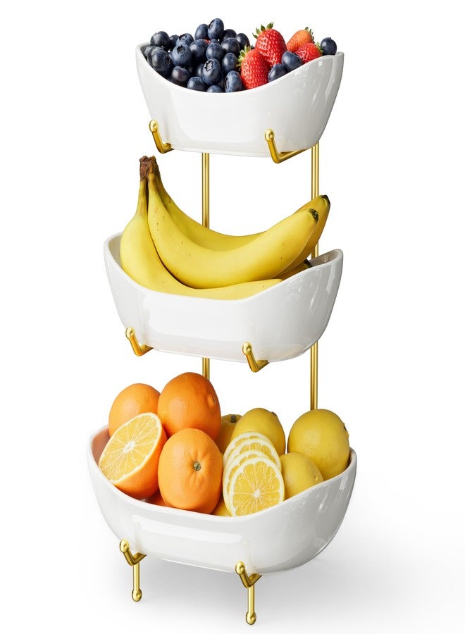 Josmimic 3 Tier Ceramic Fruit Bowl for Kitchen Counter – Fruit Basket with Gold Metal Stand, Fruit Holder for Snacks, Nuts, Cakes, Desserts, Bread, Candy Storage - Image 1
