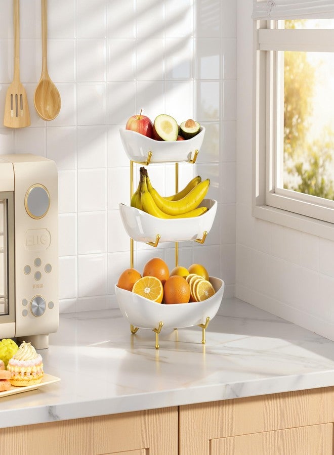 Josmimic 3 Tier Ceramic Fruit Bowl for Kitchen Counter – Fruit Basket with Gold Metal Stand, Fruit Holder for Snacks, Nuts, Cakes, Desserts, Bread, Candy Storage - Image 2