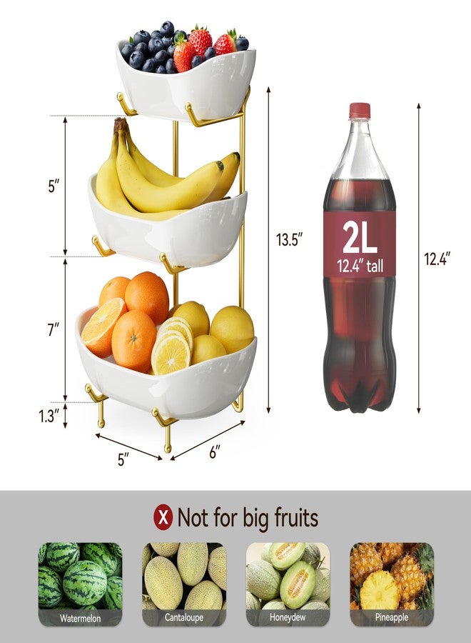 Josmimic 3 Tier Ceramic Fruit Bowl for Kitchen Counter – Fruit Basket with Gold Metal Stand, Fruit Holder for Snacks, Nuts, Cakes, Desserts, Bread, Candy Storage - Image 3