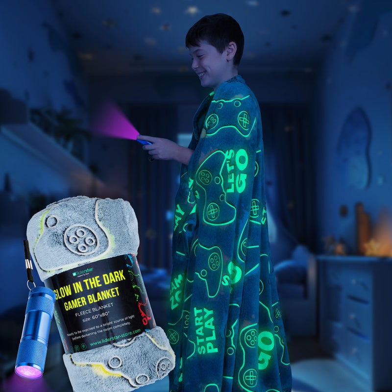 LIDERSTAR Glow in The Dark Blanket Plush Gaming Blanket Large Size 60 x 80 inch Soft Throw Gamer Gifts for Kids Teens Adults Gamer Room Decor Luminous Video Game Blankets Boys ToysValentines Day Gift 