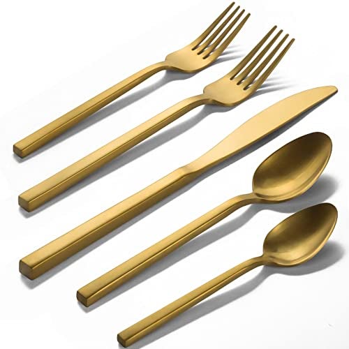 Alata Cube Gold 20-Piece Flatware Set, Forged Cutlery Set, Matte Gold Silverware Service for 4, Stainless Steel Tableware with Square Handle for Home/Restaurant, Dishwasher Safe - Image 1