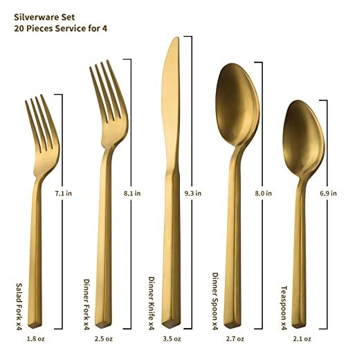 Alata Cube Gold 20-Piece Flatware Set, Forged Cutlery Set, Matte Gold Silverware Service for 4, Stainless Steel Tableware with Square Handle for Home/Restaurant, Dishwasher Safe - Image 4
