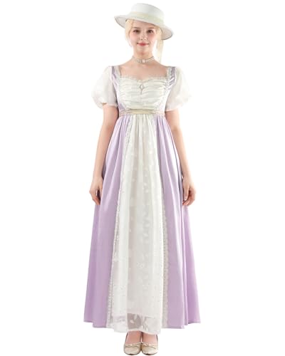 FCCAM FCCAM FCCAM Regency Dress for Women Empire Waist Regency Era Dress Puff Sleeve Victorian Ball Gown Light Purple M - Image 3