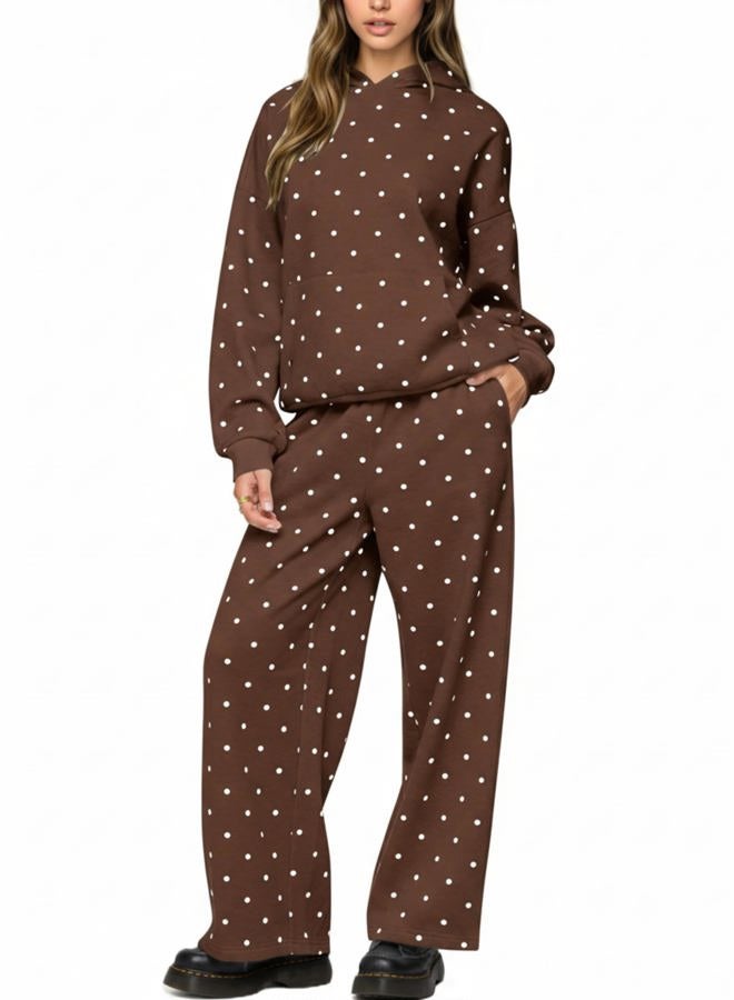 HOCANDY Polka Dot Hoodie and Sweatpants Set for Women, Light Brown, S - Image 1