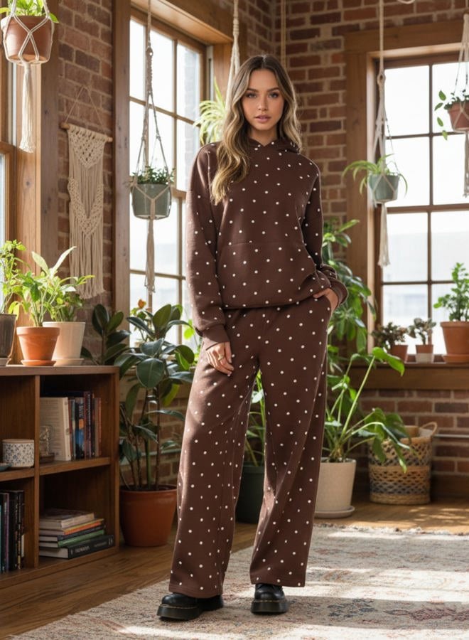HOCANDY Polka Dot Hoodie and Sweatpants Set for Women, Light Brown, S - Image 2