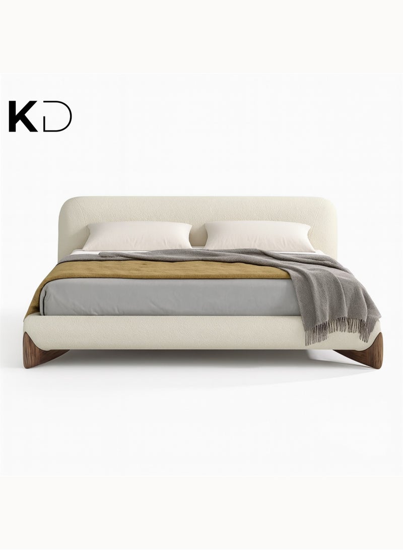 كستم ديكو سرير أستوريا مودرن كريمي منجد من كوستوم ديكو، بأرجل خشبية ولوح رأس منحني مبطن - تصميم سرير قابل للتخصيص، أثاث غرفة نوم فاخر وبسيط، مقاس مزدوج ١٢٠×٢٠٠ سم - Image 1