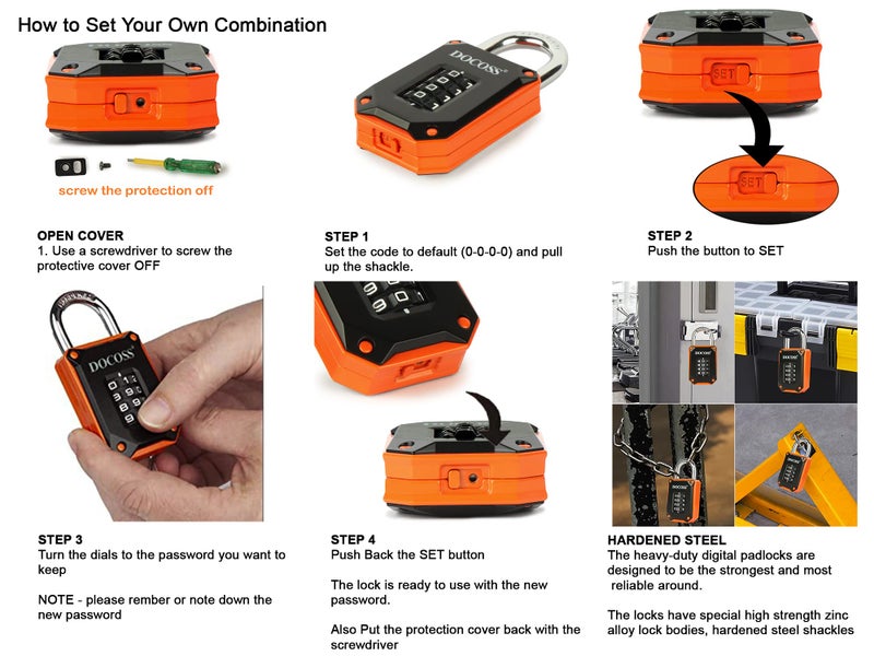 DOCOSS Zinc Strong Number Lock for Door/Combination Padlock/Gate/Gym Locker - Orange Black (2 Pack) - Image 5