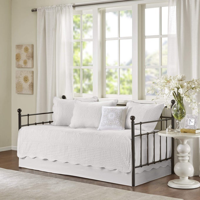 DAYBED COVER SET DAMASK QUILTED COVER FOR DAYBEDS ALL SEASON PREWASHED COTTONFILLED COASTAL BEDDING WITH SCALLOP EDGE SHAMS BEDSKIRT DCOR PILLOWS TUSCANY WHITE 39X75 6 PIECE